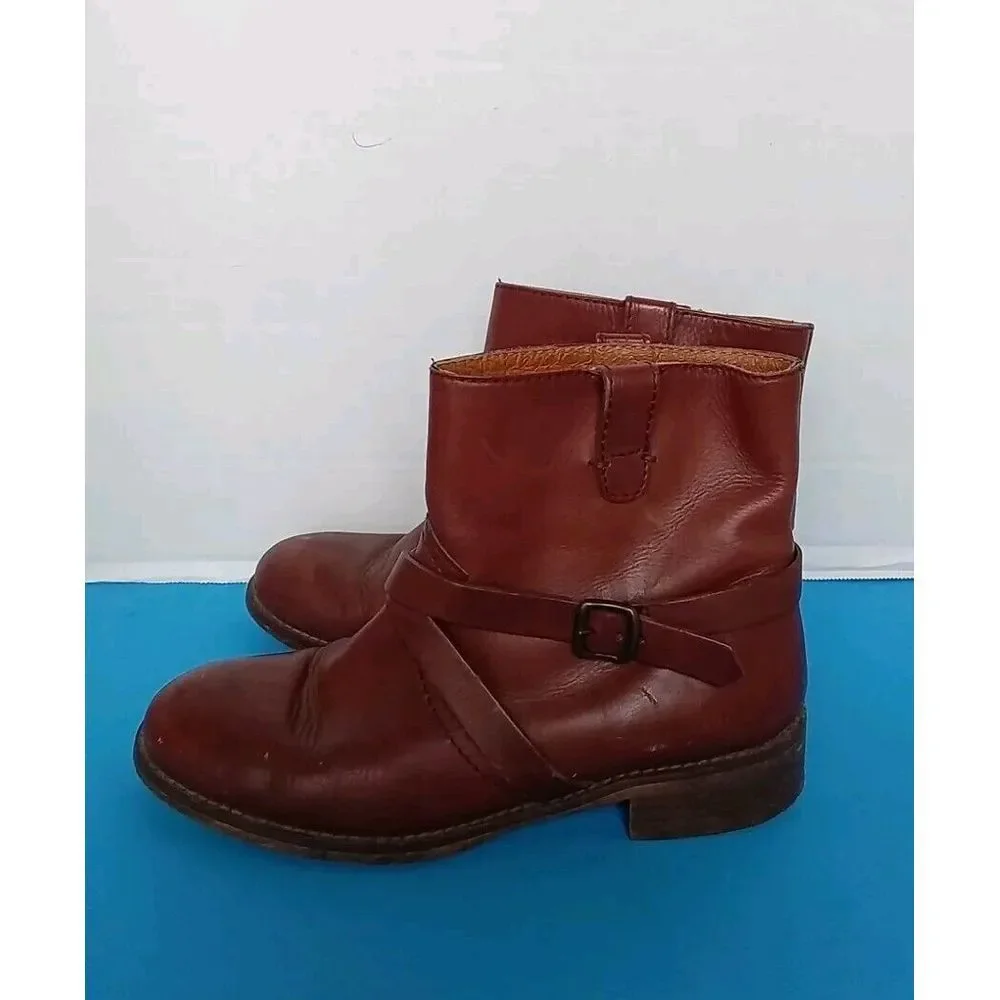 Vintage Brown Leather Ankle Boots‎ with Wrap-Around Buckle Strap Combat Style